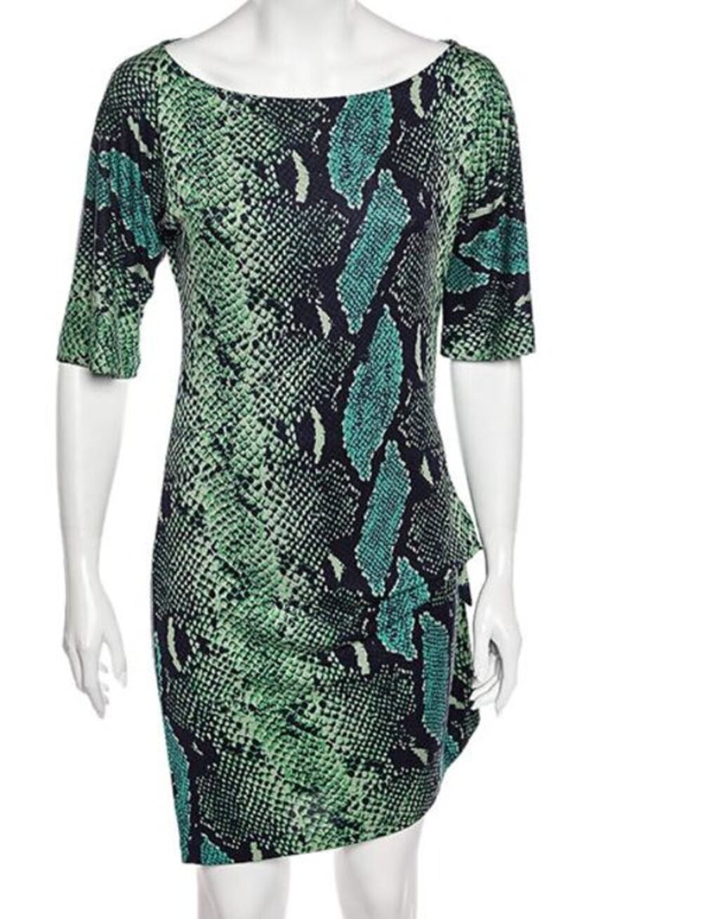 DIANE VON FURSTENBERG 100% silk stretch green black snakeskin print dress